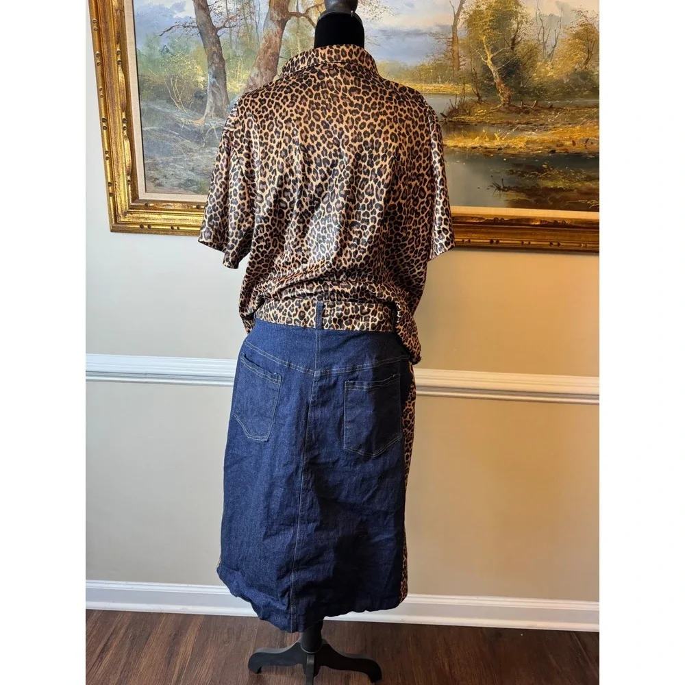 G.D.S. Goddess Leopard Print Shirt & Particulars Denim Back Skirt Set 2X 20